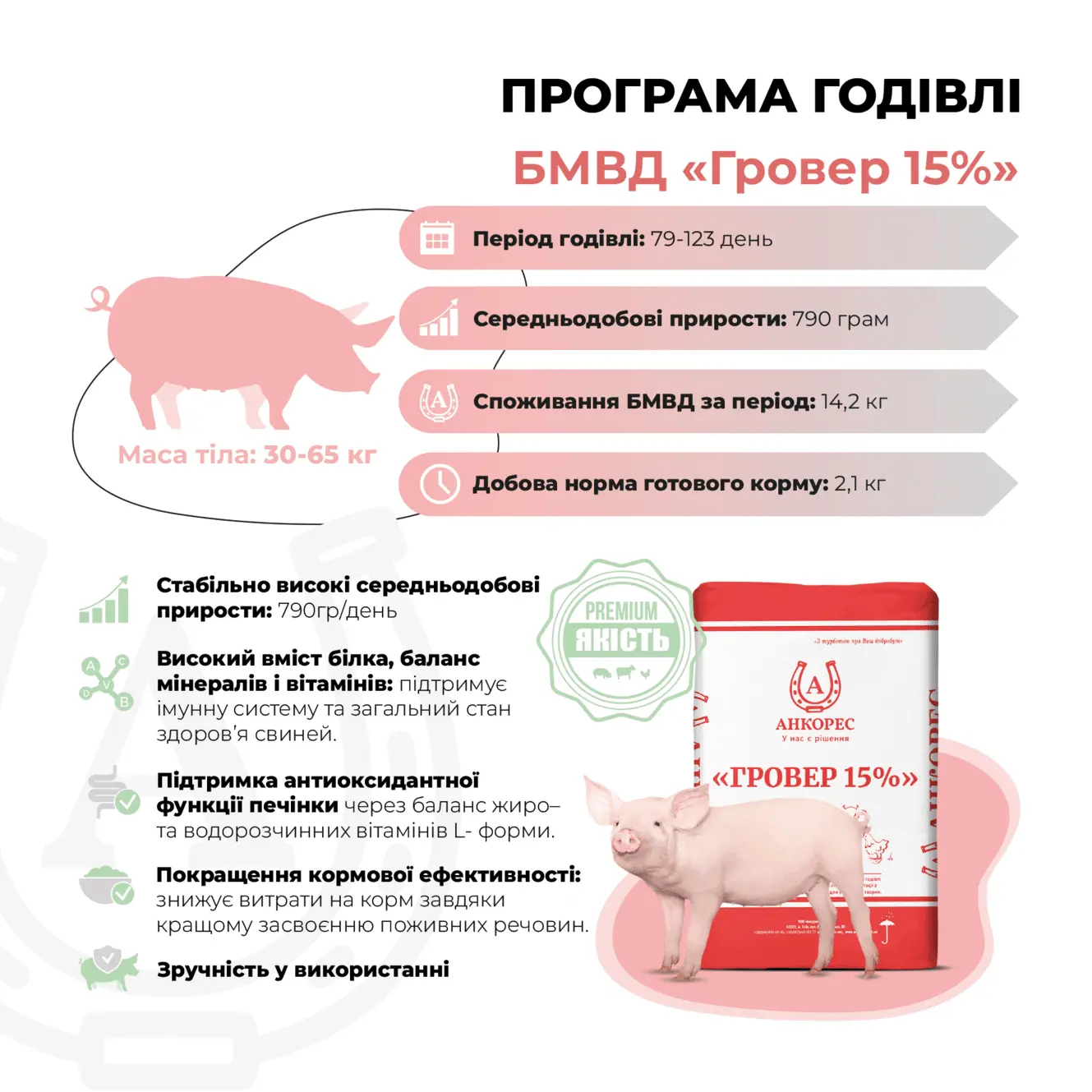 БМВД «Гровер 15%» для свиней від 30 до 65 кг Ankores (25кг) - Зображення 2