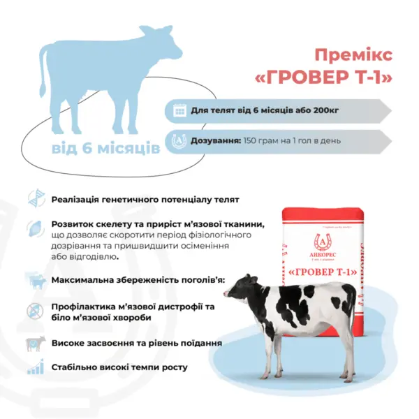 Премікс для молодняка ВРХ від 6 місяців «ГРОВЕР Т-1» Ankores (10кг)