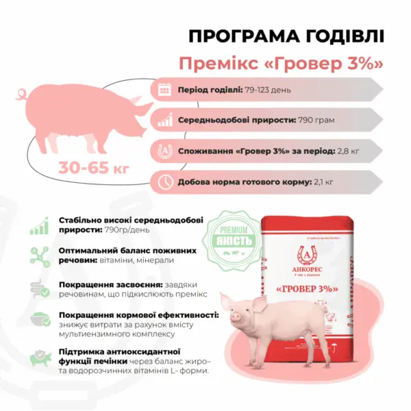 Премікс для свиней від 30 до 65 кг «Гровер 3%» Ankores (10кг)
