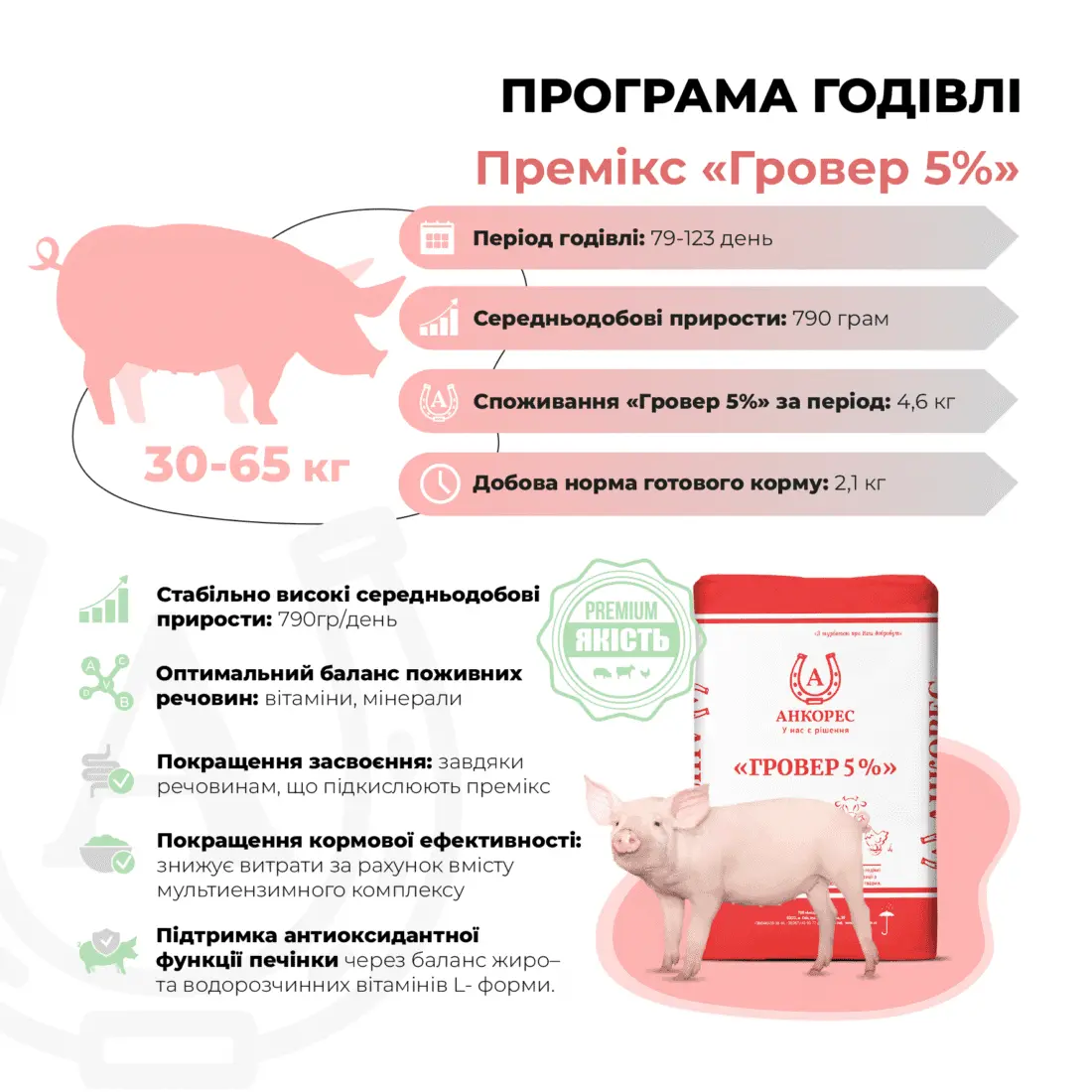 Премікс для свиней від 30 до 65 кг «Гровер 5%» Ankores (10кг) - Зображення 2
