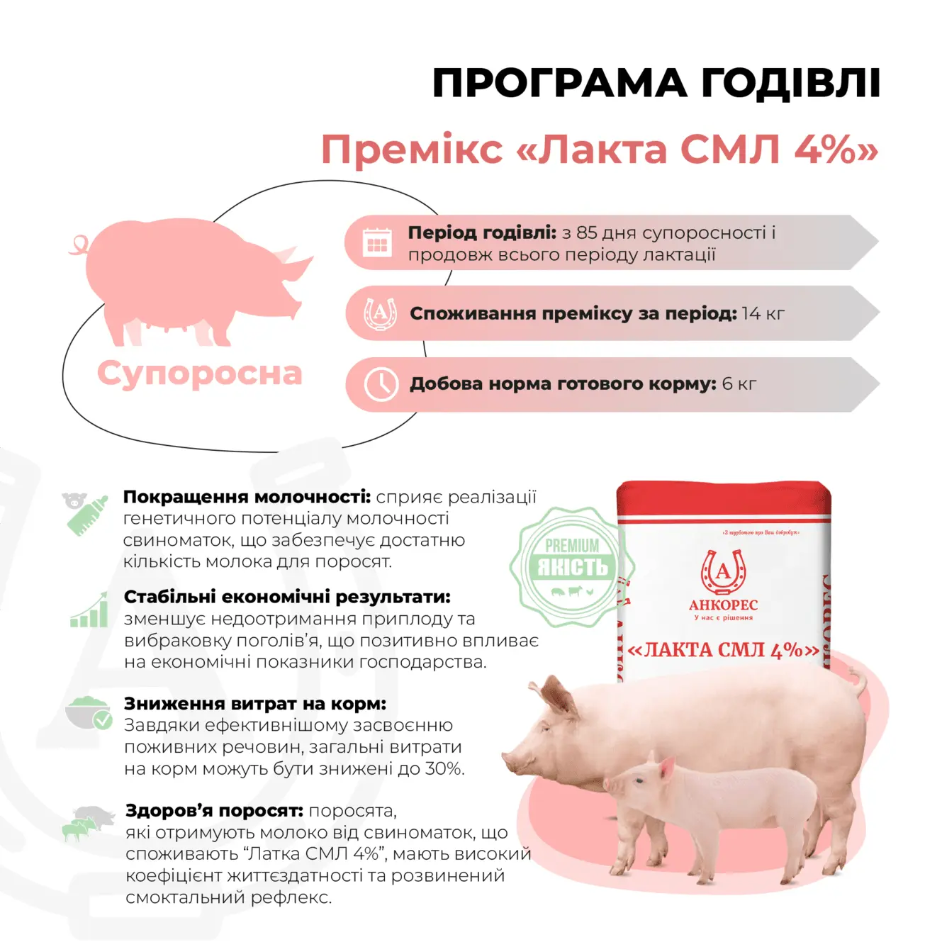 Премікс для свиноматок лактуючих «Лакта СМЛ 4%» Ankores (25кг) - Зображення 2