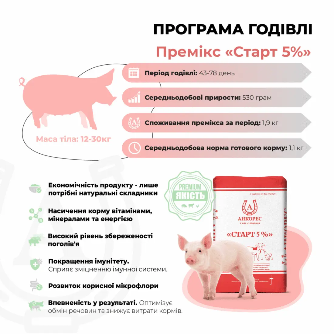 Премікс для свиней від 12 до 30 кг «Старт 5%» Ankores (10кг) - Зображення 2