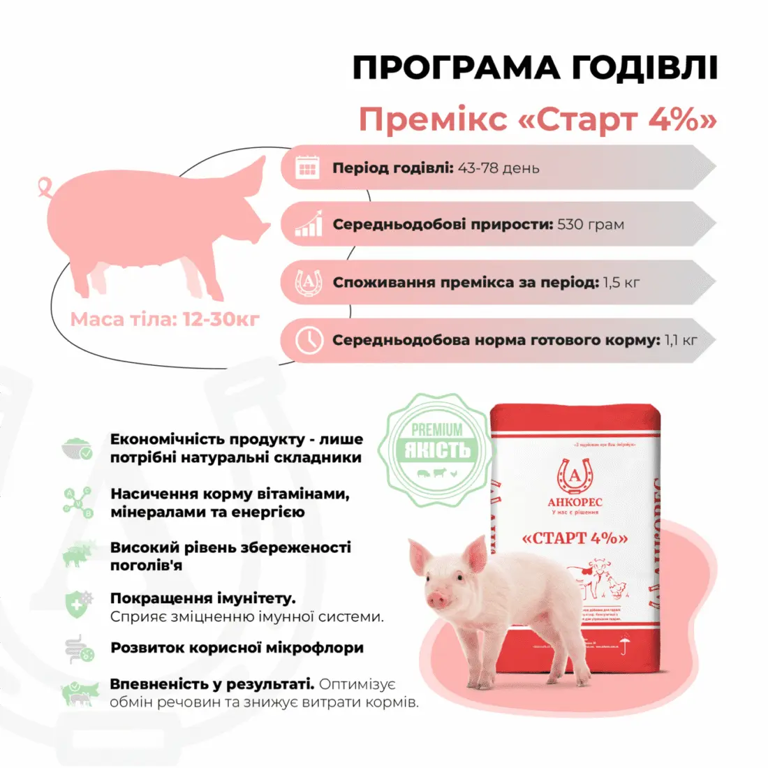 Премікс для поросят «Старт 4%» Ankores для свиней від 12 до 30 кг (25кг) - Зображення 2