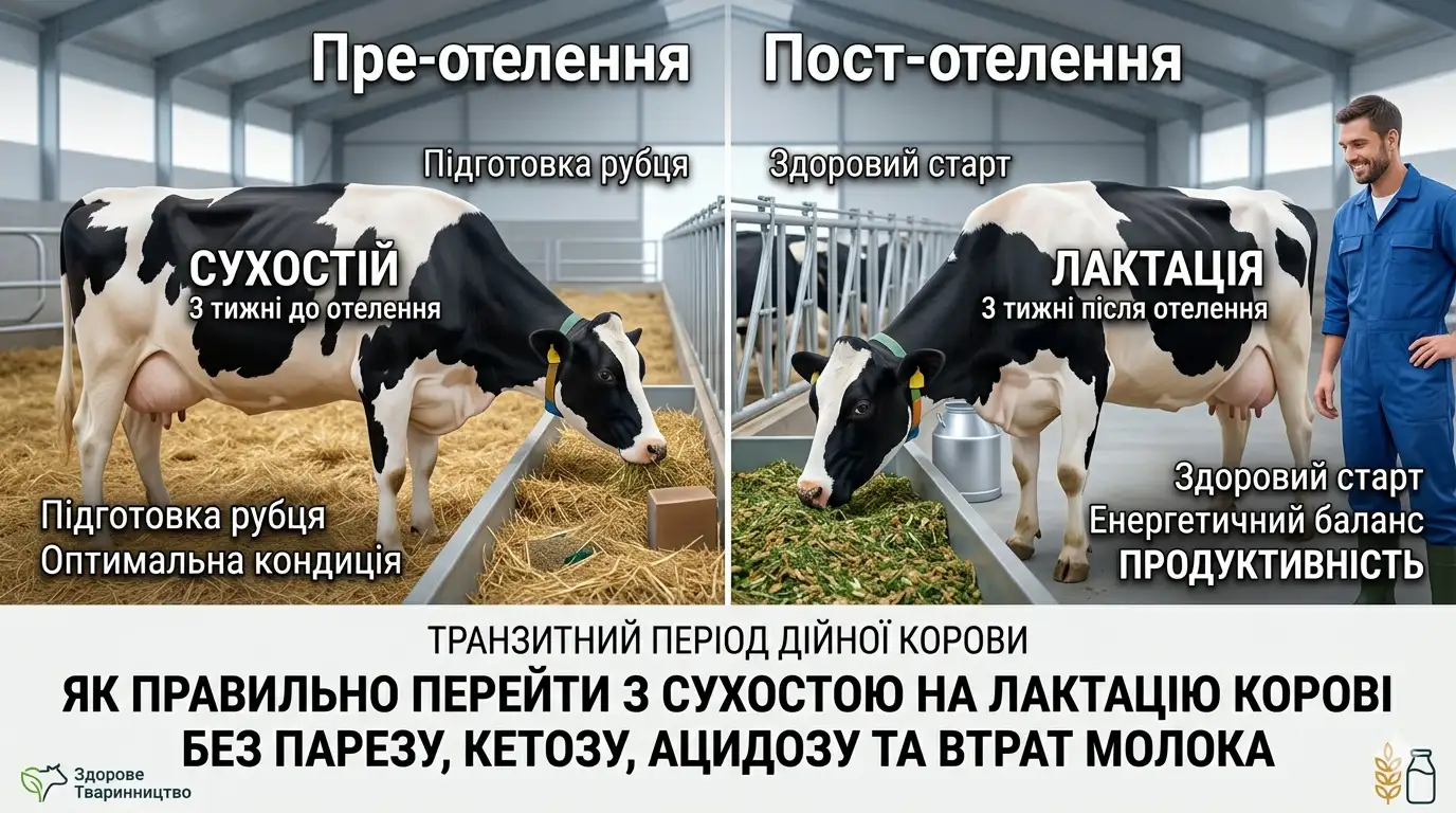 Транзитний період дійної корови: Як правильно перейти з сухостою на лактацію корові без парезу, кетозу, ацидозу та втрат молока